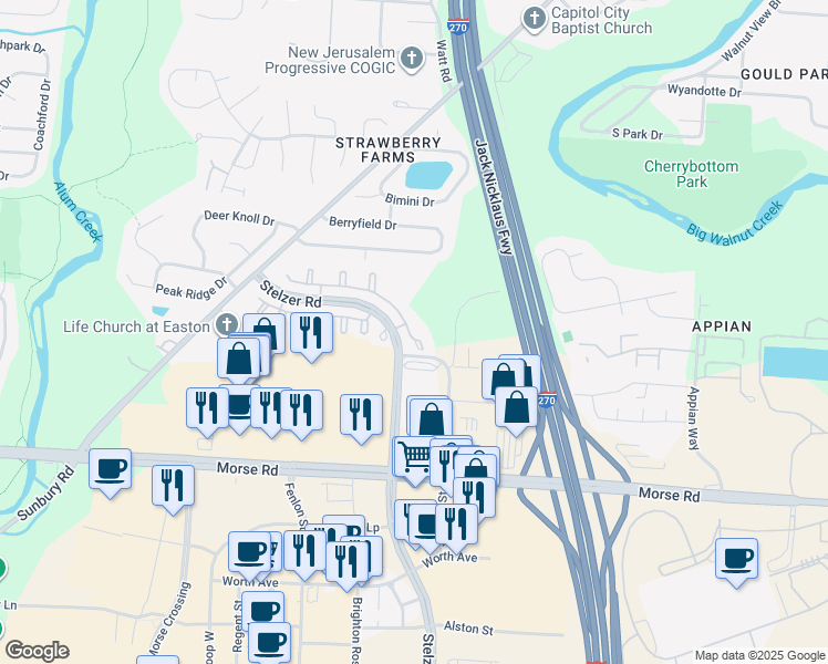 map of restaurants, bars, coffee shops, grocery stores, and more near 4150 Silver Springs Lane in Columbus