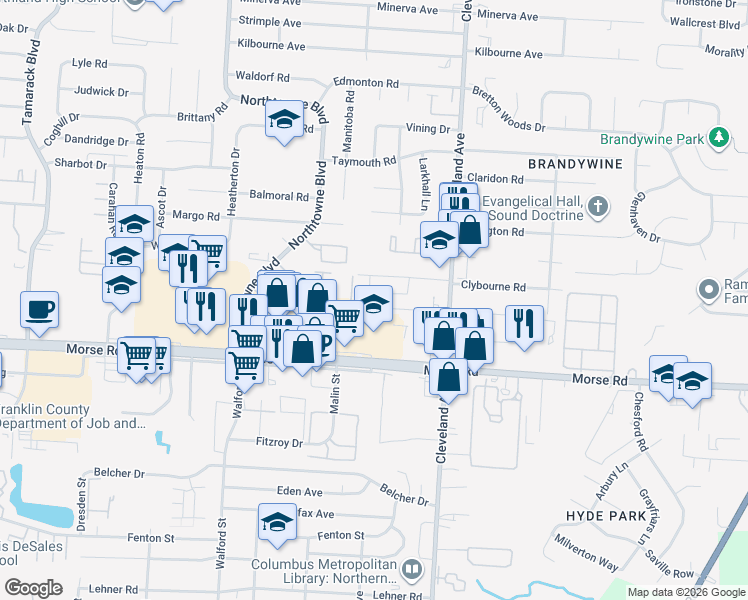 map of restaurants, bars, coffee shops, grocery stores, and more near 4556 Northland Square Drive West in Columbus