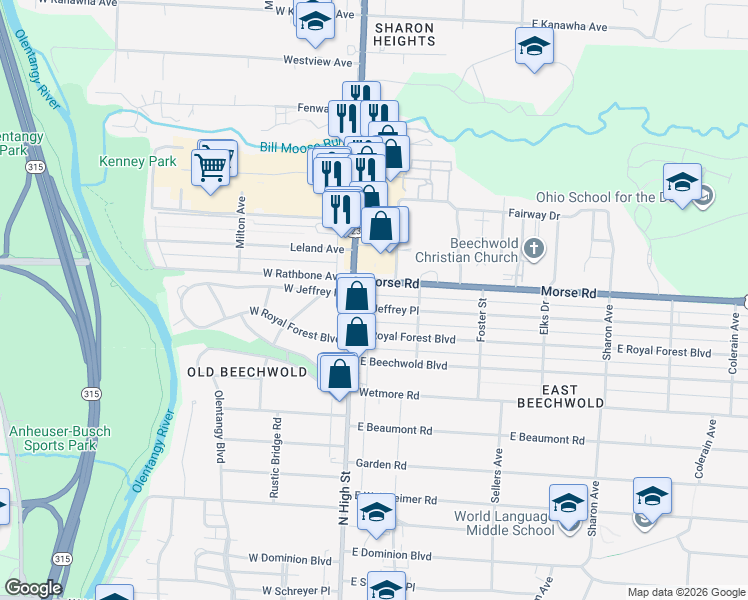 map of restaurants, bars, coffee shops, grocery stores, and more near in Columbus