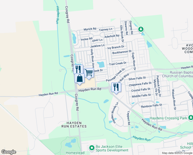 map of restaurants, bars, coffee shops, grocery stores, and more near 5424 Holly River Avenue in Dublin