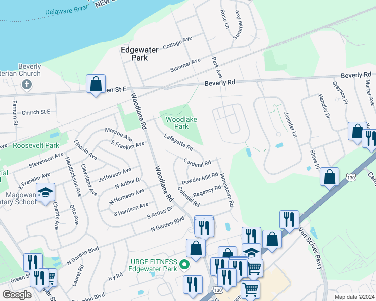 map of restaurants, bars, coffee shops, grocery stores, and more near 115 Lafayette Road in Beverly