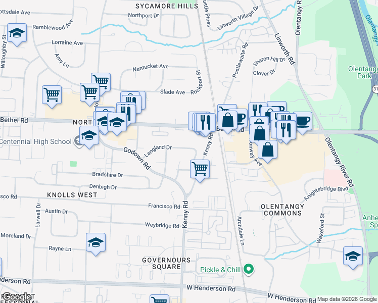 map of restaurants, bars, coffee shops, grocery stores, and more near 1109 Langland Drive in Columbus