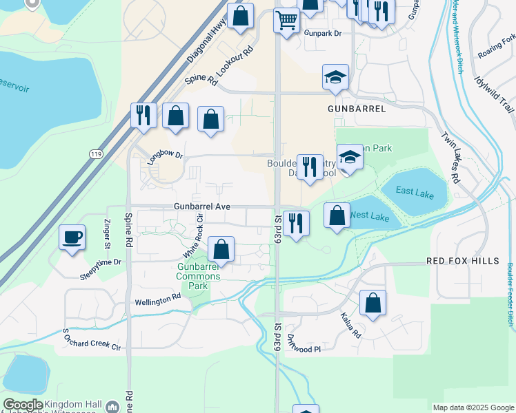 map of restaurants, bars, coffee shops, grocery stores, and more near 6299 Gunbarrel Avenue in Boulder