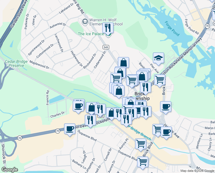 map of restaurants, bars, coffee shops, grocery stores, and more near in Brick Township
