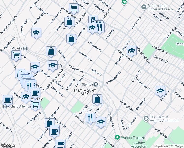 map of restaurants, bars, coffee shops, grocery stores, and more near 6833 Ardleigh Street in Philadelphia