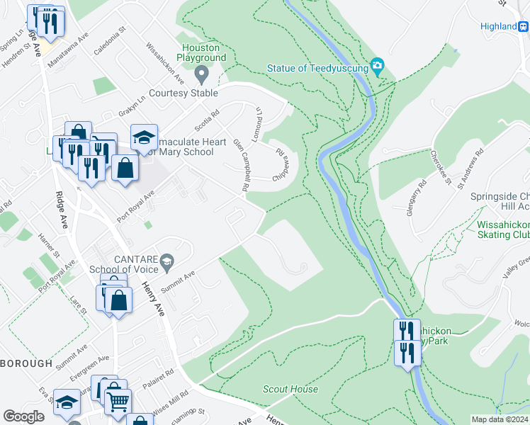 map of restaurants, bars, coffee shops, grocery stores, and more near 6100 Old Line Road in Philadelphia