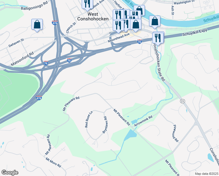 map of restaurants, bars, coffee shops, grocery stores, and more near 1323 Valley Road in Villanova