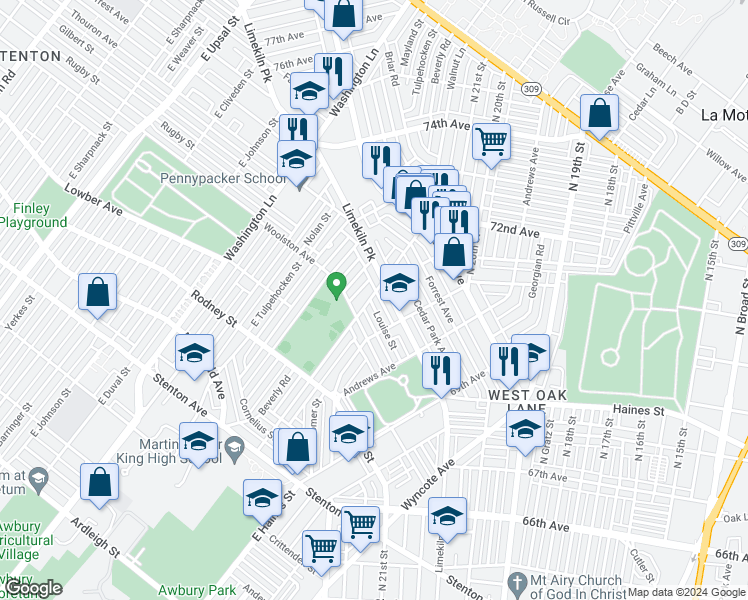 map of restaurants, bars, coffee shops, grocery stores, and more near 7143 Louise Street in Philadelphia