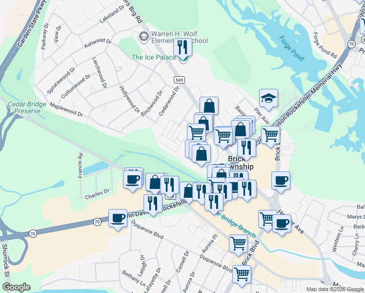 map of restaurants, bars, coffee shops, grocery stores, and more near in Brick Township