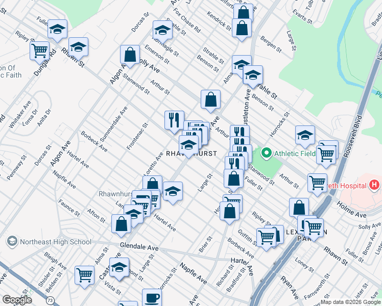 map of restaurants, bars, coffee shops, grocery stores, and more near Castor Ave & Rhawn St in Philadelphia