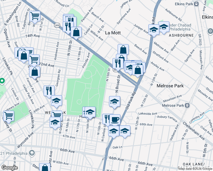map of restaurants, bars, coffee shops, grocery stores, and more near 7112-18 North Broad Street in Philadelphia