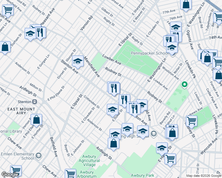 map of restaurants, bars, coffee shops, grocery stores, and more near 1412 East Cliveden Street in Philadelphia