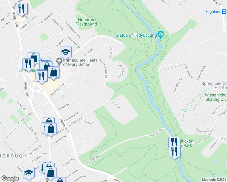 map of restaurants, bars, coffee shops, grocery stores, and more near 195 Old Line Road in Philadelphia