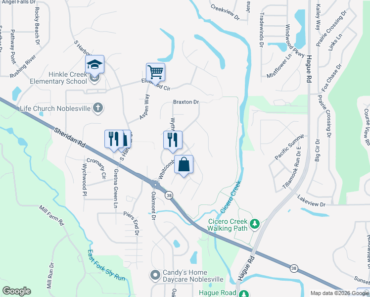 map of restaurants, bars, coffee shops, grocery stores, and more near 18895 Whitcomb Place in Noblesville