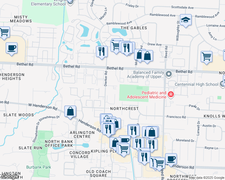 map of restaurants, bars, coffee shops, grocery stores, and more near 5100 Dierker Road in Columbus