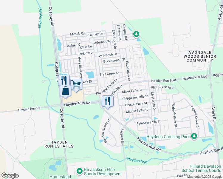 map of restaurants, bars, coffee shops, grocery stores, and more near 5405 Greybull Street in Dublin