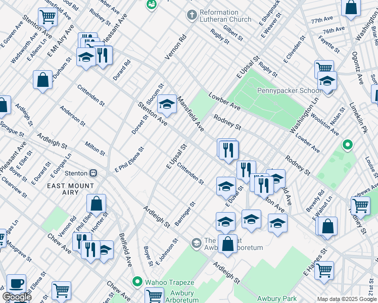 map of restaurants, bars, coffee shops, grocery stores, and more near 1327 Yerkes Street in Philadelphia