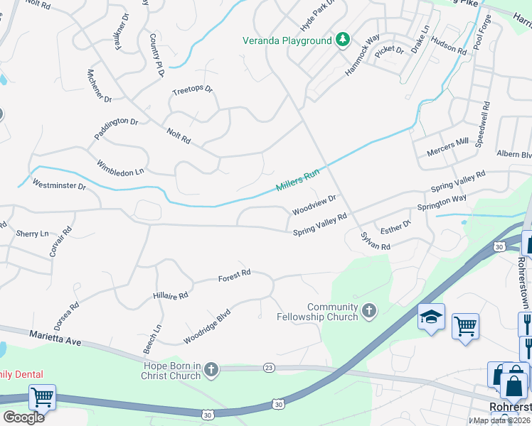 map of restaurants, bars, coffee shops, grocery stores, and more near 2618 Chestnut Valley Dr in Lancaster
