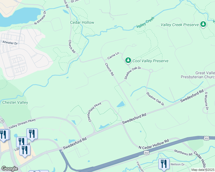map of restaurants, bars, coffee shops, grocery stores, and more near 400 Chesterfield Parkway in Malvern