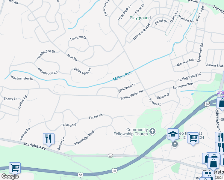 map of restaurants, bars, coffee shops, grocery stores, and more near 2612 Chestnut Valley Drive in Lancaster