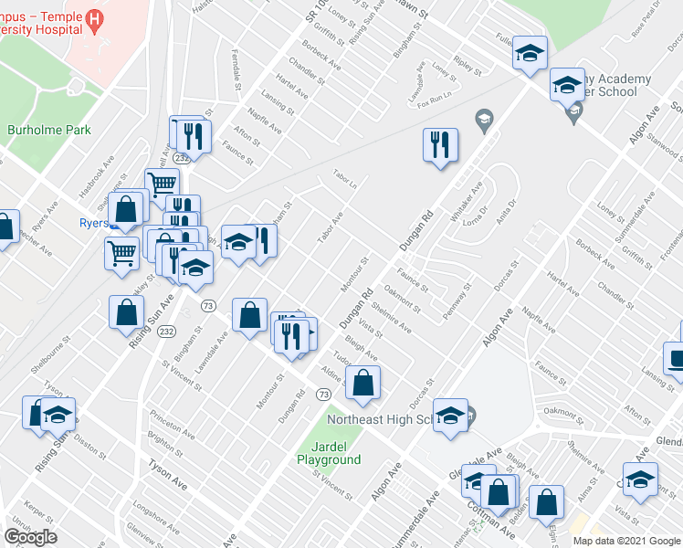 map of restaurants, bars, coffee shops, grocery stores, and more near 1239 Shelmire Avenue in Philadelphia