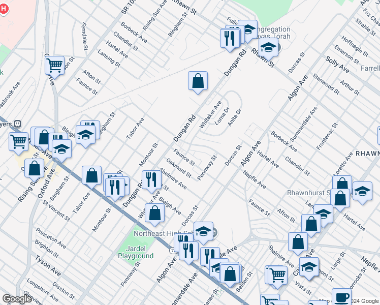 map of restaurants, bars, coffee shops, grocery stores, and more near 7611 Whitaker Avenue in Philadelphia