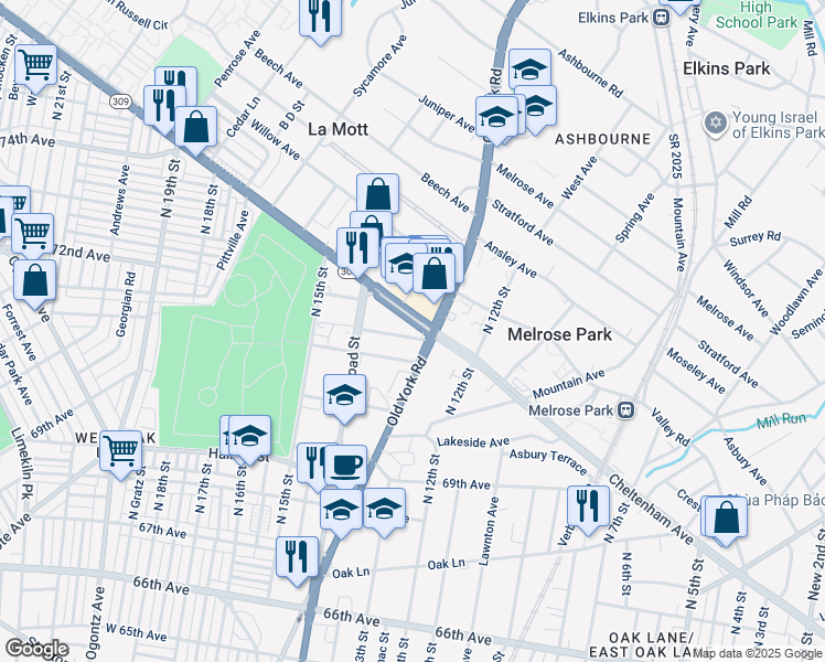 map of restaurants, bars, coffee shops, grocery stores, and more near 1311 72nd Avenue in Philadelphia