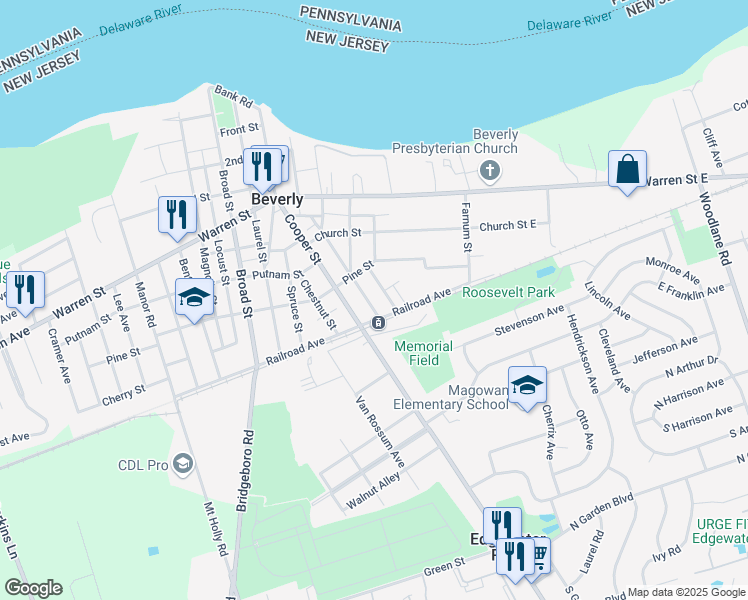 map of restaurants, bars, coffee shops, grocery stores, and more near 636 Elizabeth Street in Beverly