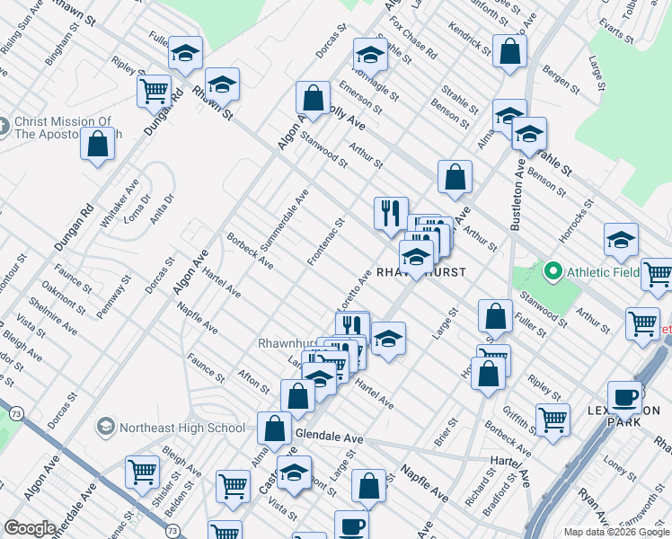 map of restaurants, bars, coffee shops, grocery stores, and more near 1824 Loney Street in Philadelphia