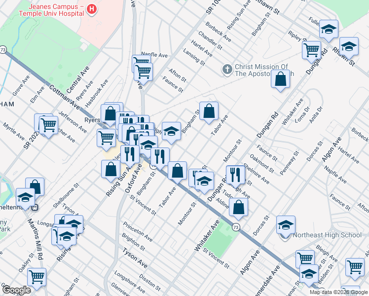 map of restaurants, bars, coffee shops, grocery stores, and more near 7409 Lawndale Avenue in Philadelphia
