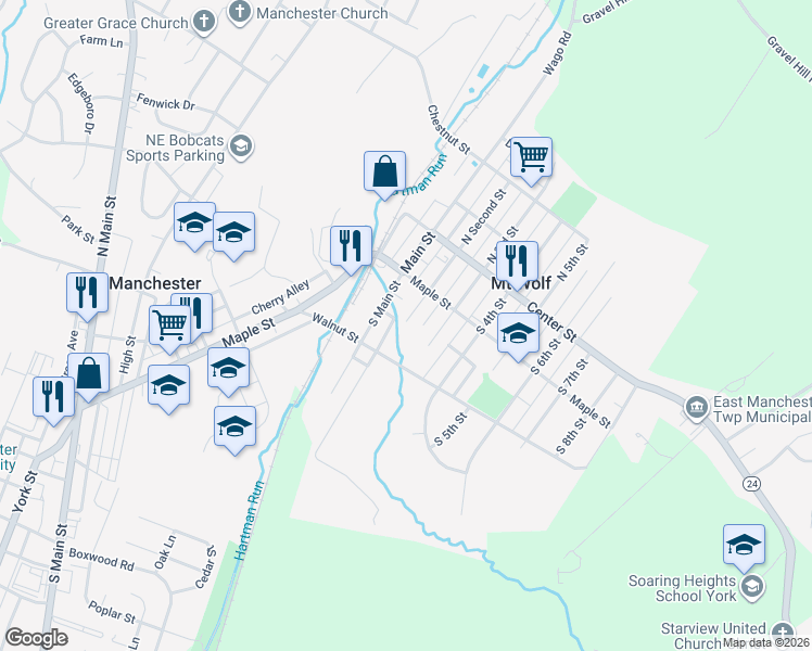 map of restaurants, bars, coffee shops, grocery stores, and more near 143 South Second Street in Mount Wolf