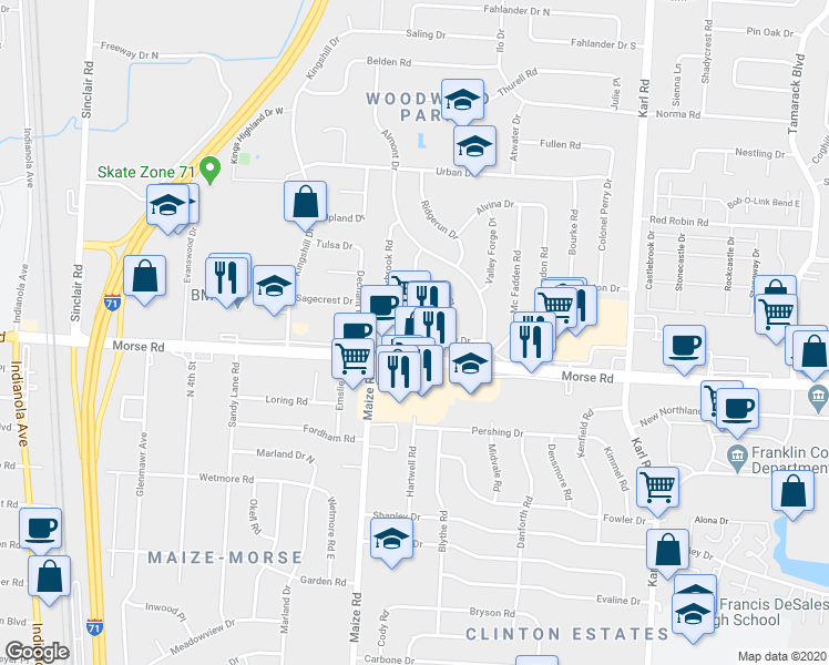 map of restaurants, bars, coffee shops, grocery stores, and more near 1234 Morse Road in Columbus