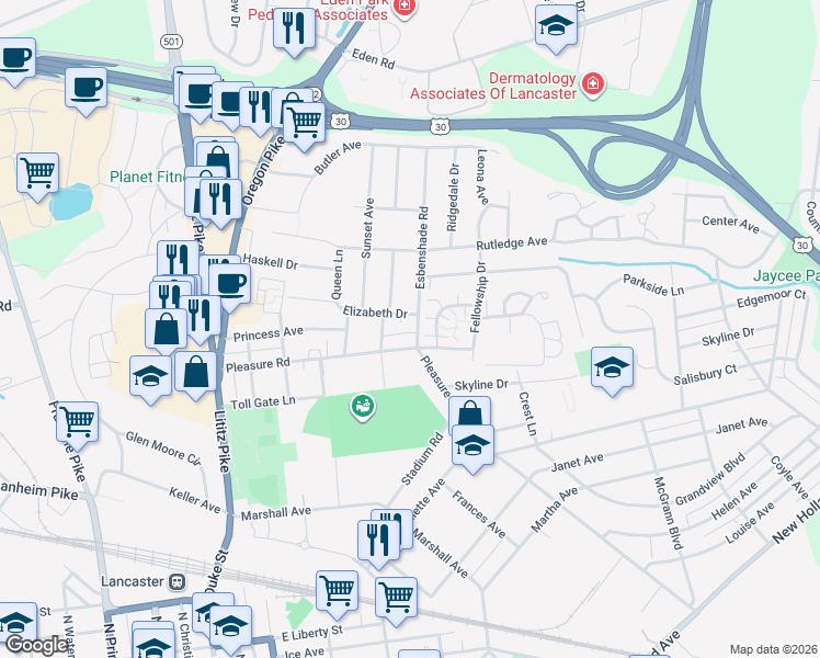 map of restaurants, bars, coffee shops, grocery stores, and more near 1416 Esbenshade Road in Lancaster