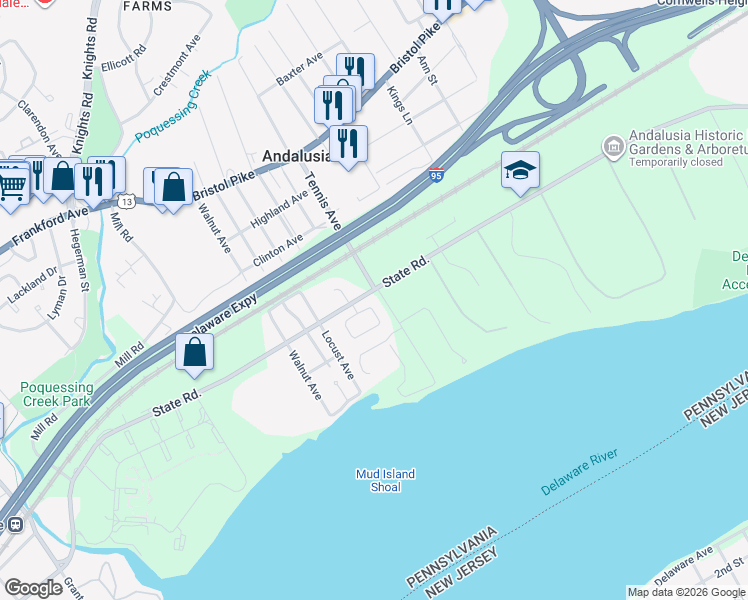 map of restaurants, bars, coffee shops, grocery stores, and more near 877 Village Lane in Bensalem
