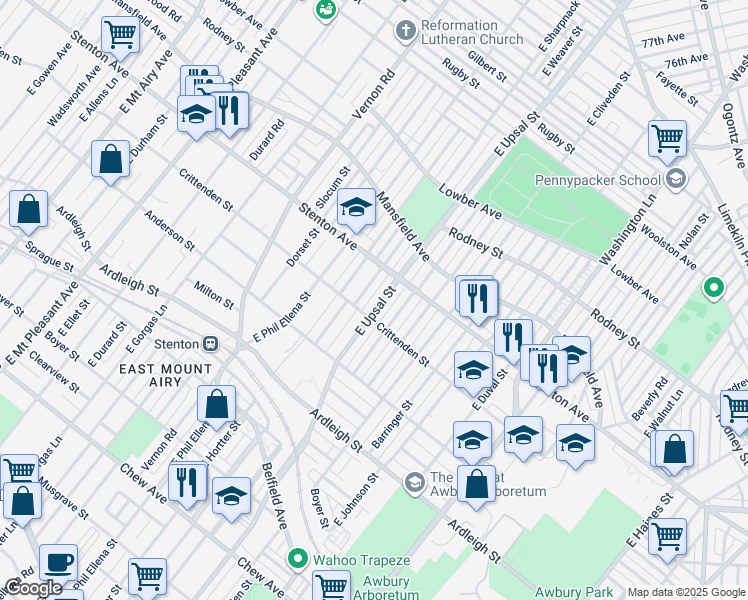 map of restaurants, bars, coffee shops, grocery stores, and more near 809 East Upsal Street in Philadelphia