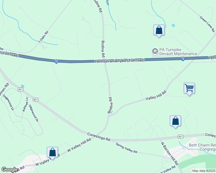 map of restaurants, bars, coffee shops, grocery stores, and more near 2095 Bodine Road in Malvern