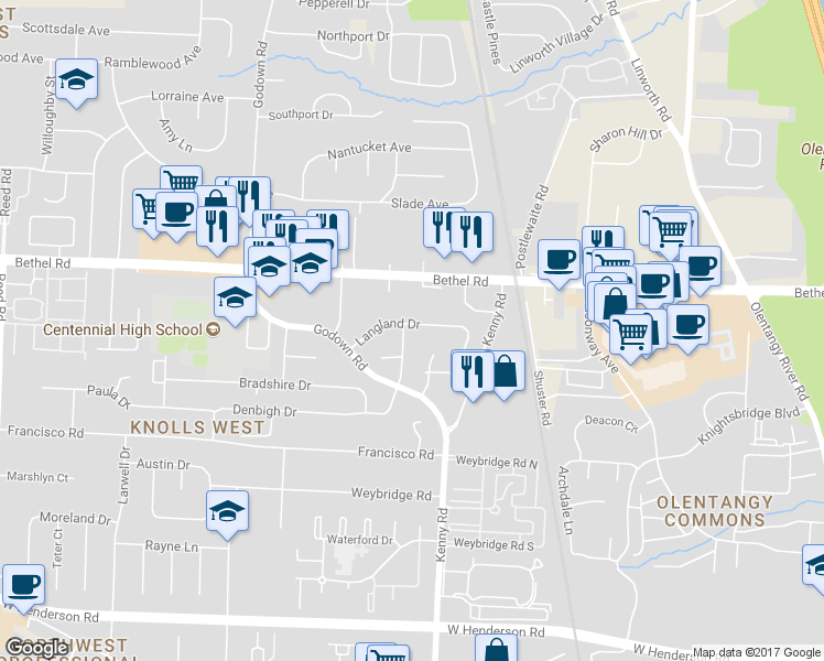 map of restaurants, bars, coffee shops, grocery stores, and more near 1171 Langland Drive in Columbus