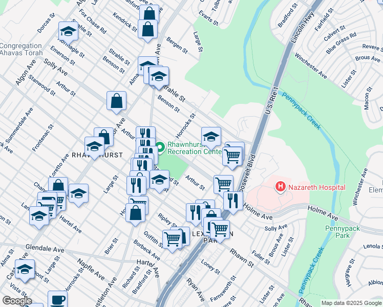 map of restaurants, bars, coffee shops, grocery stores, and more near 2230 Emerson Street in Philadelphia