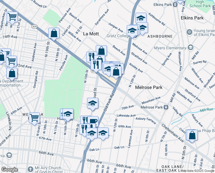 map of restaurants, bars, coffee shops, grocery stores, and more near 1329 72nd Avenue in Philadelphia