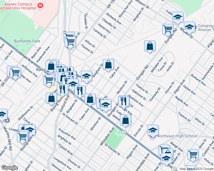 map of restaurants, bars, coffee shops, grocery stores, and more near 7427 Tabor Avenue in Philadelphia