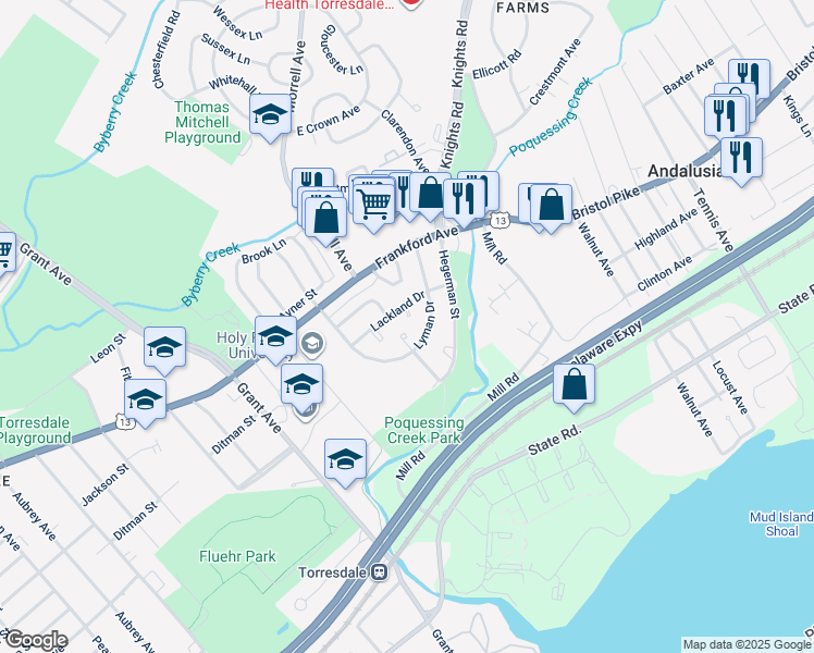 map of restaurants, bars, coffee shops, grocery stores, and more near 4709 Saint Denis Drive in Philadelphia