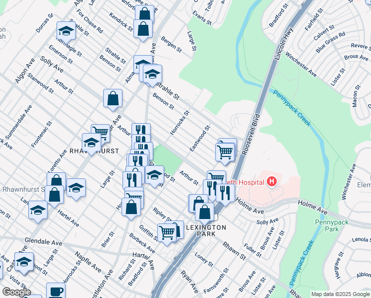 map of restaurants, bars, coffee shops, grocery stores, and more near 2230 Emerson Street in Philadelphia