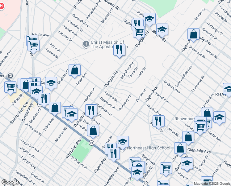 map of restaurants, bars, coffee shops, grocery stores, and more near 1402 Napfle Avenue in Philadelphia