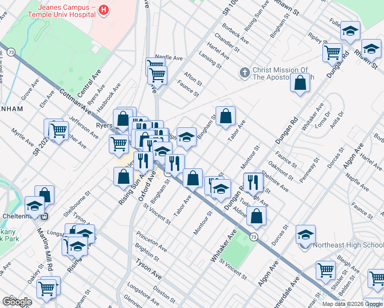 map of restaurants, bars, coffee shops, grocery stores, and more near 7340 Bingham Street in Philadelphia