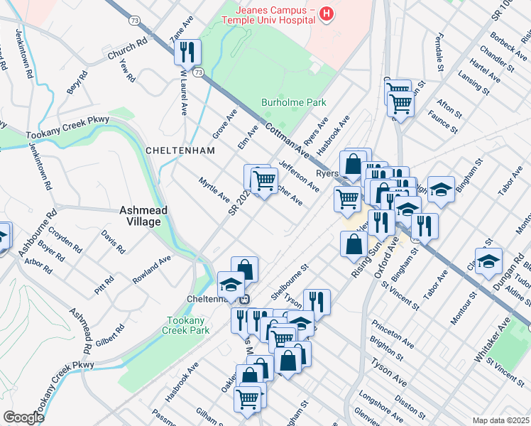 map of restaurants, bars, coffee shops, grocery stores, and more near 140 Franklin Avenue in Montgomery County