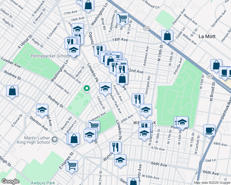 map of restaurants, bars, coffee shops, grocery stores, and more near 7050 Forrest Avenue in Philadelphia