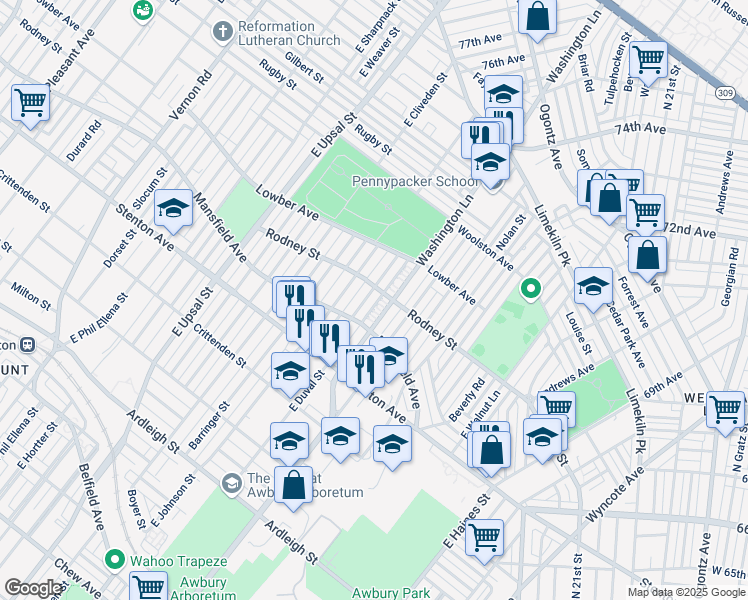 map of restaurants, bars, coffee shops, grocery stores, and more near 1527 Washington Lane in Philadelphia