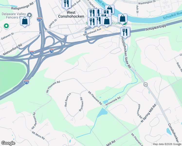 map of restaurants, bars, coffee shops, grocery stores, and more near 1323 Valley Road in Villanova