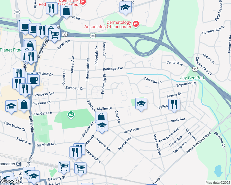 map of restaurants, bars, coffee shops, grocery stores, and more near 598 Bethany Court in Lancaster