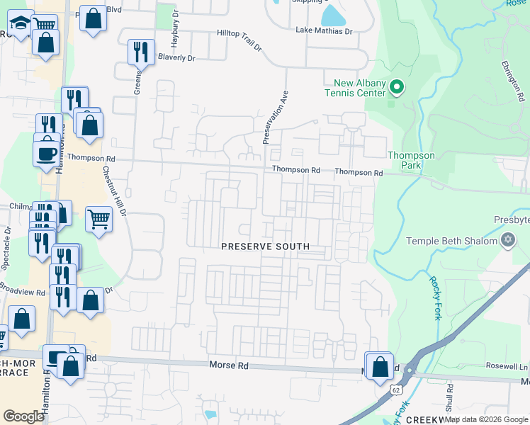 map of restaurants, bars, coffee shops, grocery stores, and more near 4044 Lavender Ridge Drive in Columbus